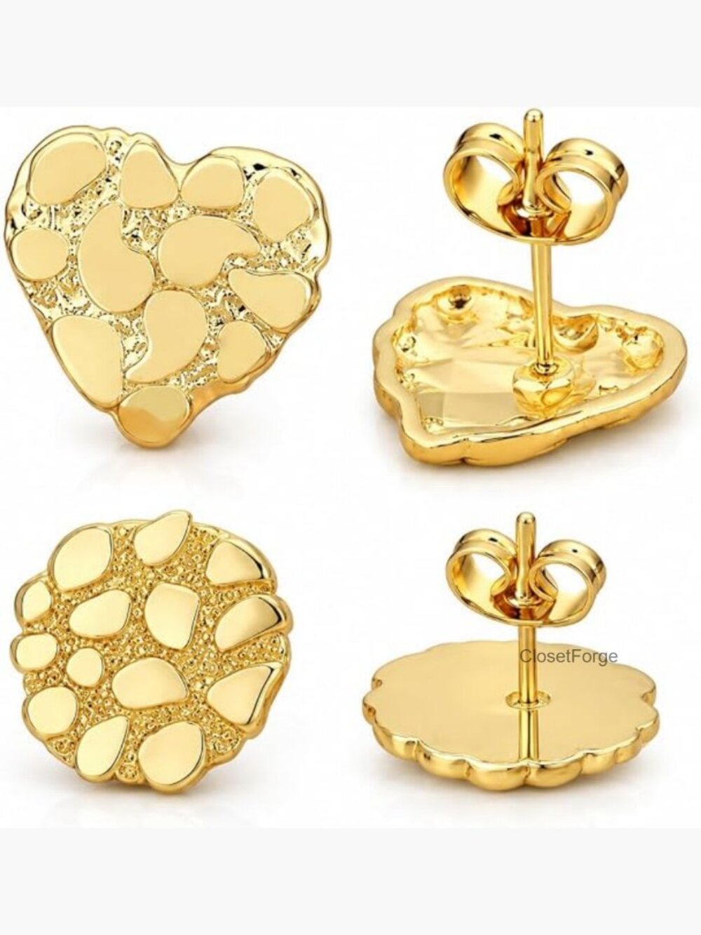 Gold Nugget Stud Earrings Set, Round & Heart - 2 Pairs, Unisex Jewelry Gift